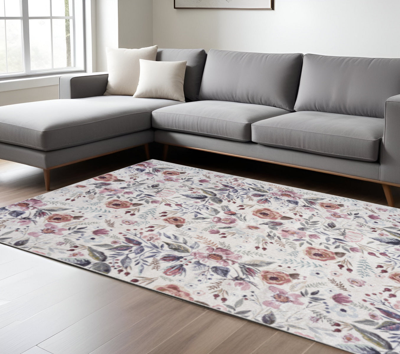 9 X 12 Ivory Pink And Green Floral Distressed Washable Area Rug