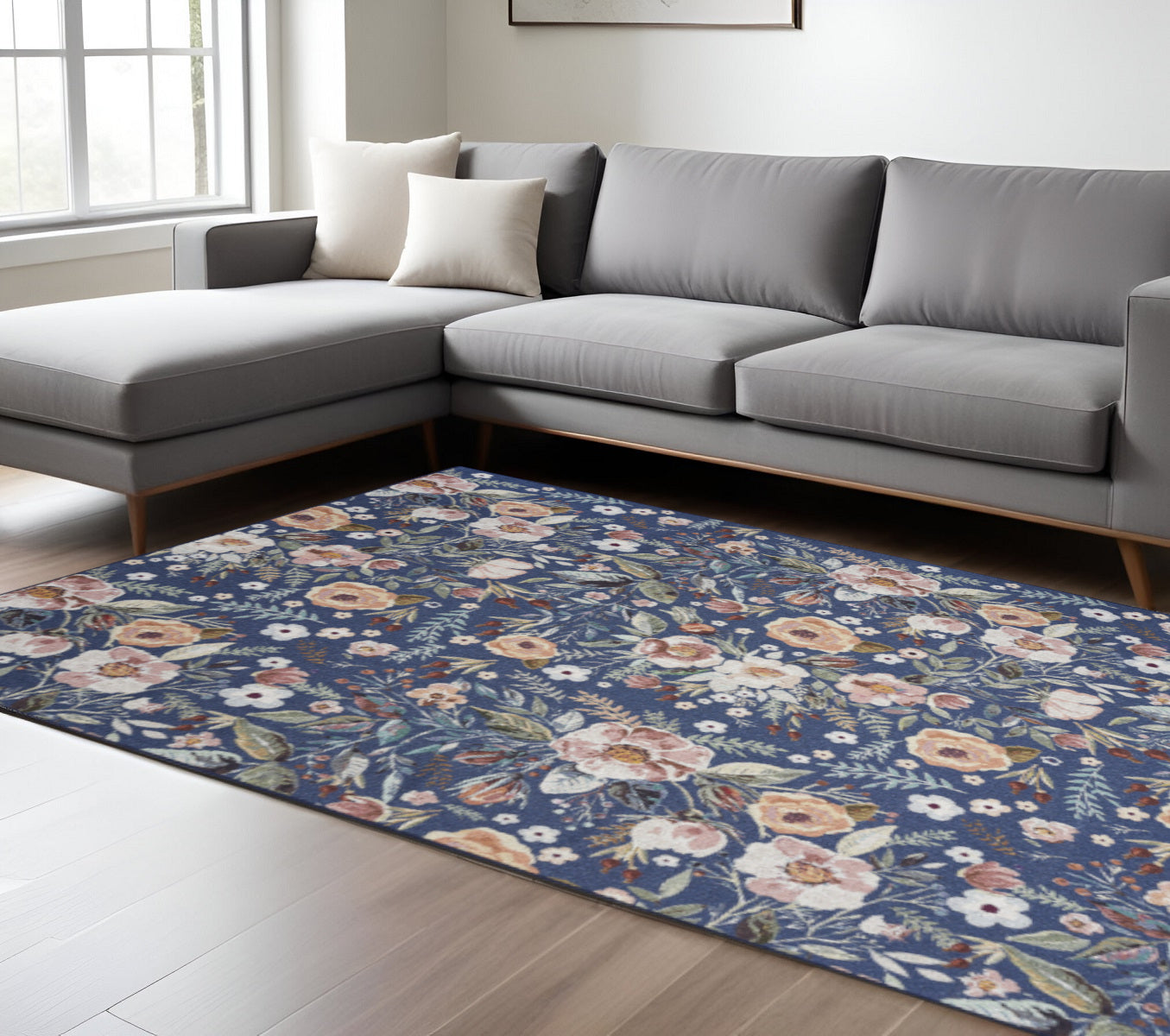 9 X 12 Blue Pink And Green Floral Distressed Washable Area Rug