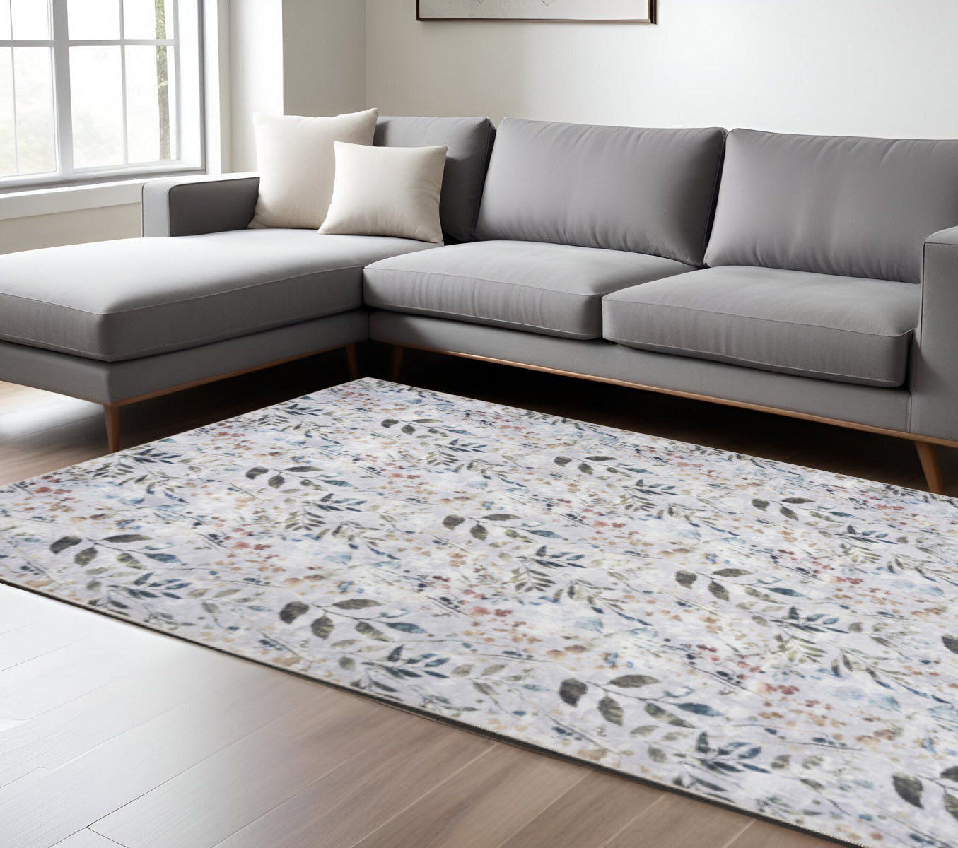 9 X 12 Gray And Blue Floral Washable Area Rug
