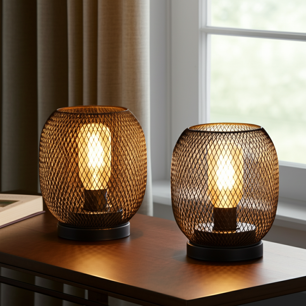Set of Two 7 Black Metal Lantern Bedside Lamps With Black Lattice Cage Shade