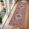 6' Red And Ivory Oriental Distressed Washable Runner Rug