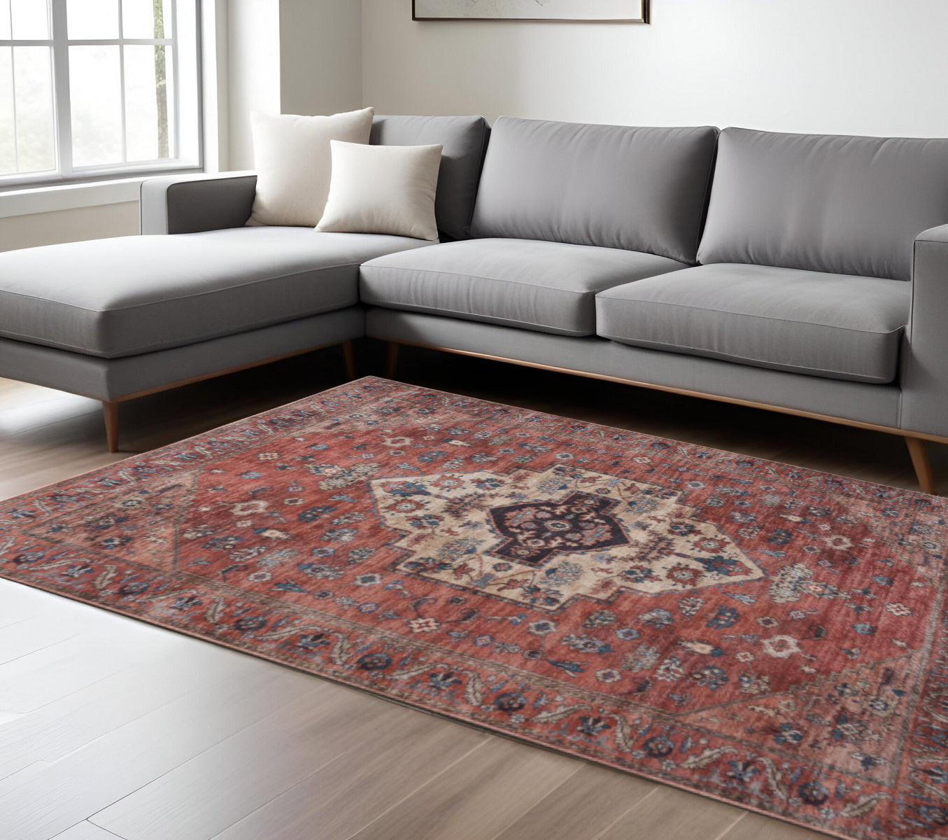 9 X 12 Red And Ivory Medallion Distressed Washable Area Rug