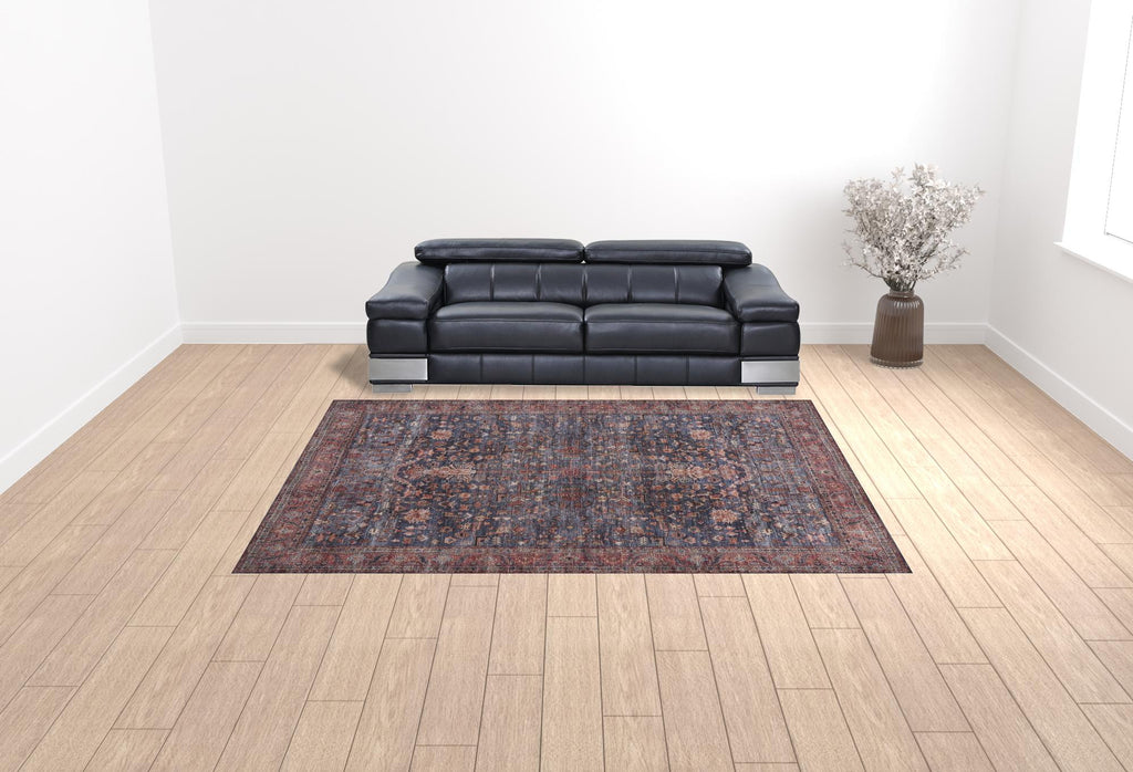 HomeRoots 533337 9 x 12 ft. Blue & Red Oriental Power Loom Distressed Washable Non Skid Rectangle Area Rug