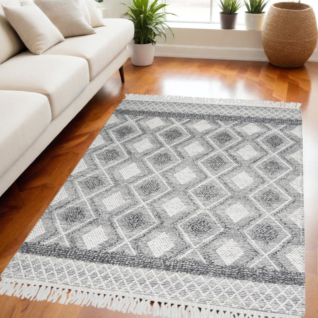 5 X 8 Teal Ivory And Gray Floral Medallion Flatweave Handmade Area Rug With Fringe