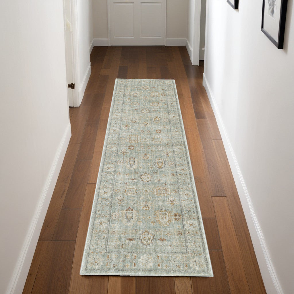 8' Green And Ivory Oriental Distressed Runner Rug With Fringe