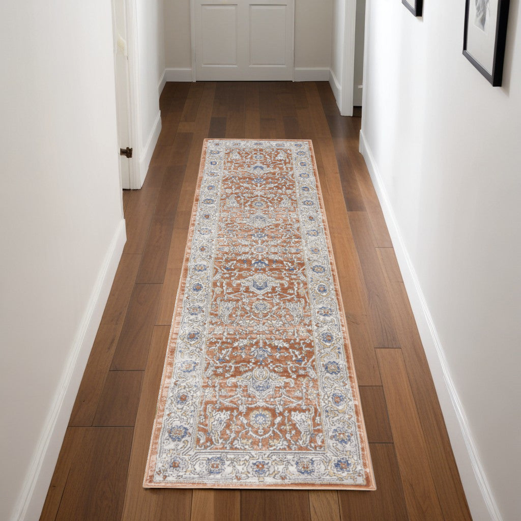 8 Gray And Red Oriental Runner Rug