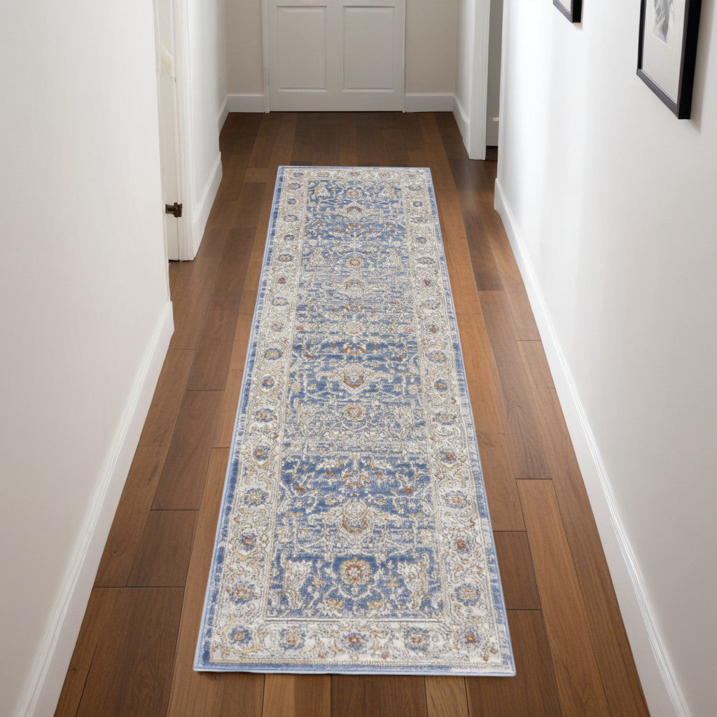 8 Blue And Gray Oriental Runner Rug