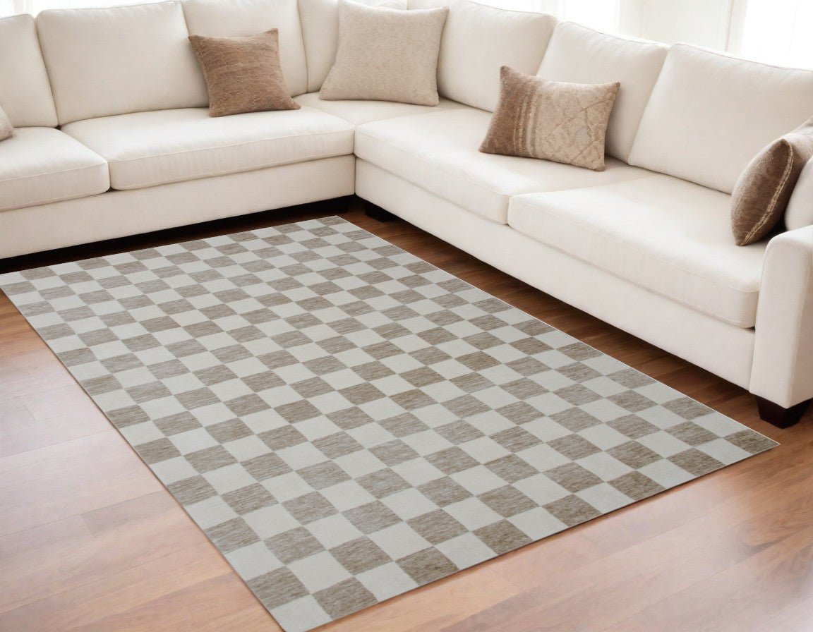 5' X 8' Beige and Brown Checkered Power Loom Area Rug
