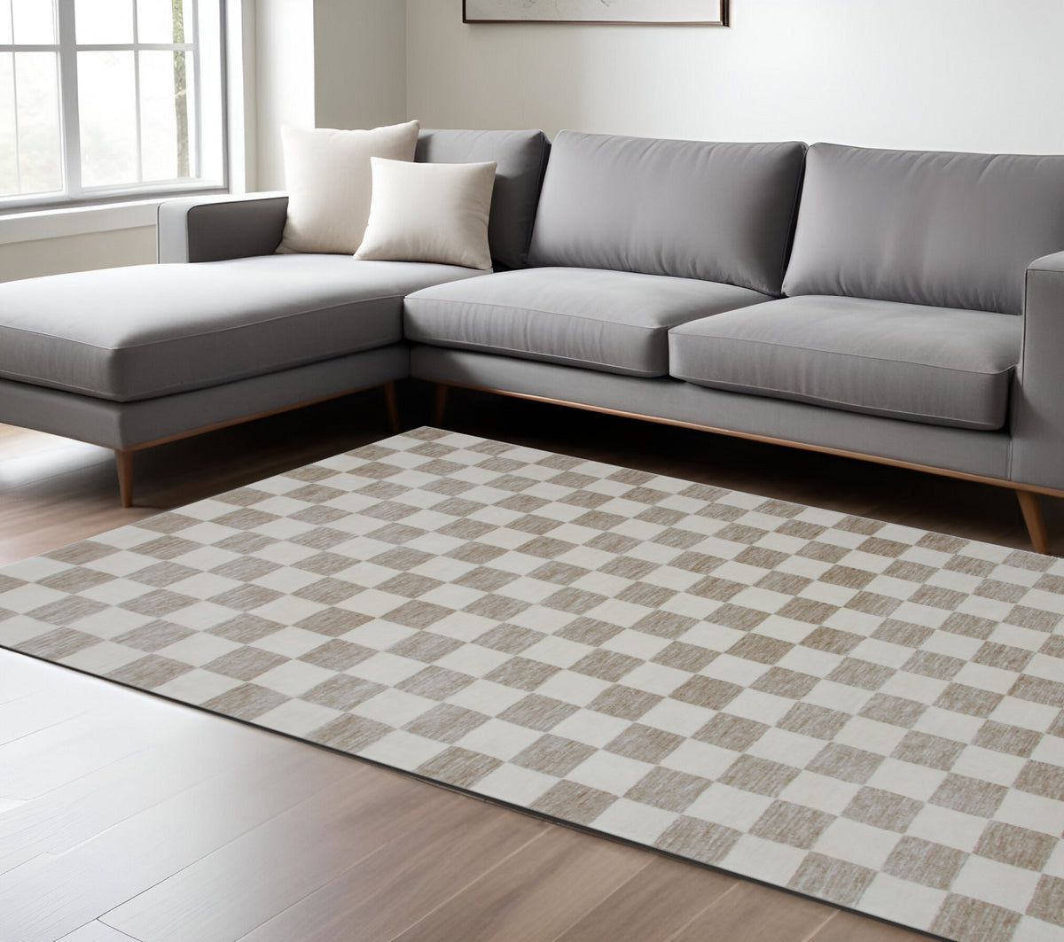 8' X 11' Beige and Brown Checkered Power Loom Area Rug