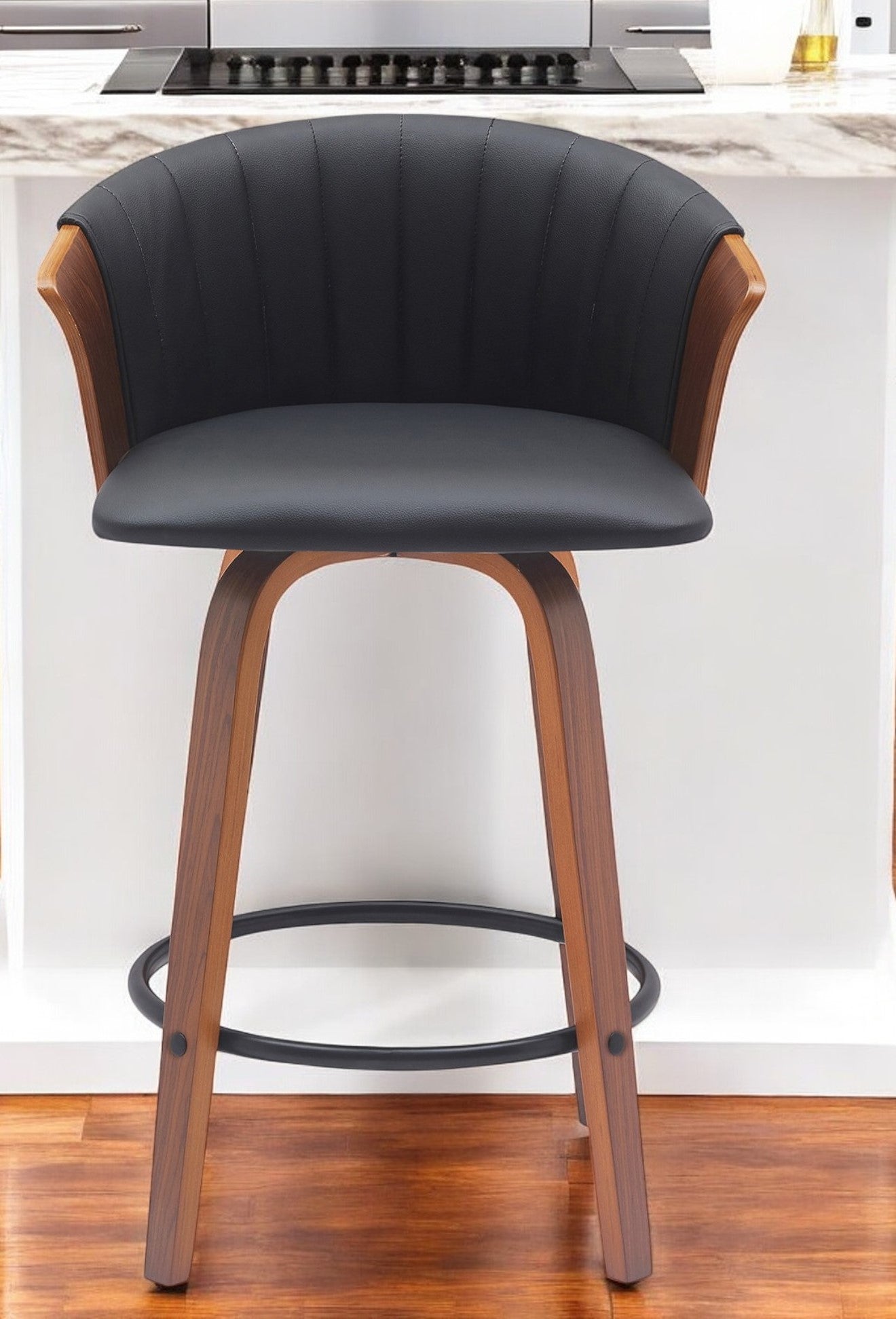 26'' Black and Wood Brown Faux Leather with Solid Wood Swivel Counter Height Bar Chair