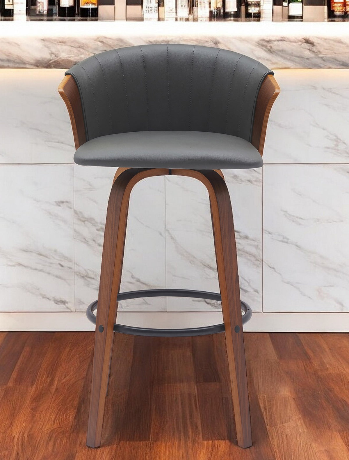 30'' Gray And Wood Brown Faux Leather Swivel Bar Height Bar Chair