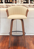 30'' Cream And Wood Brown Faux Leather Swivel Bar Height Bar Chair