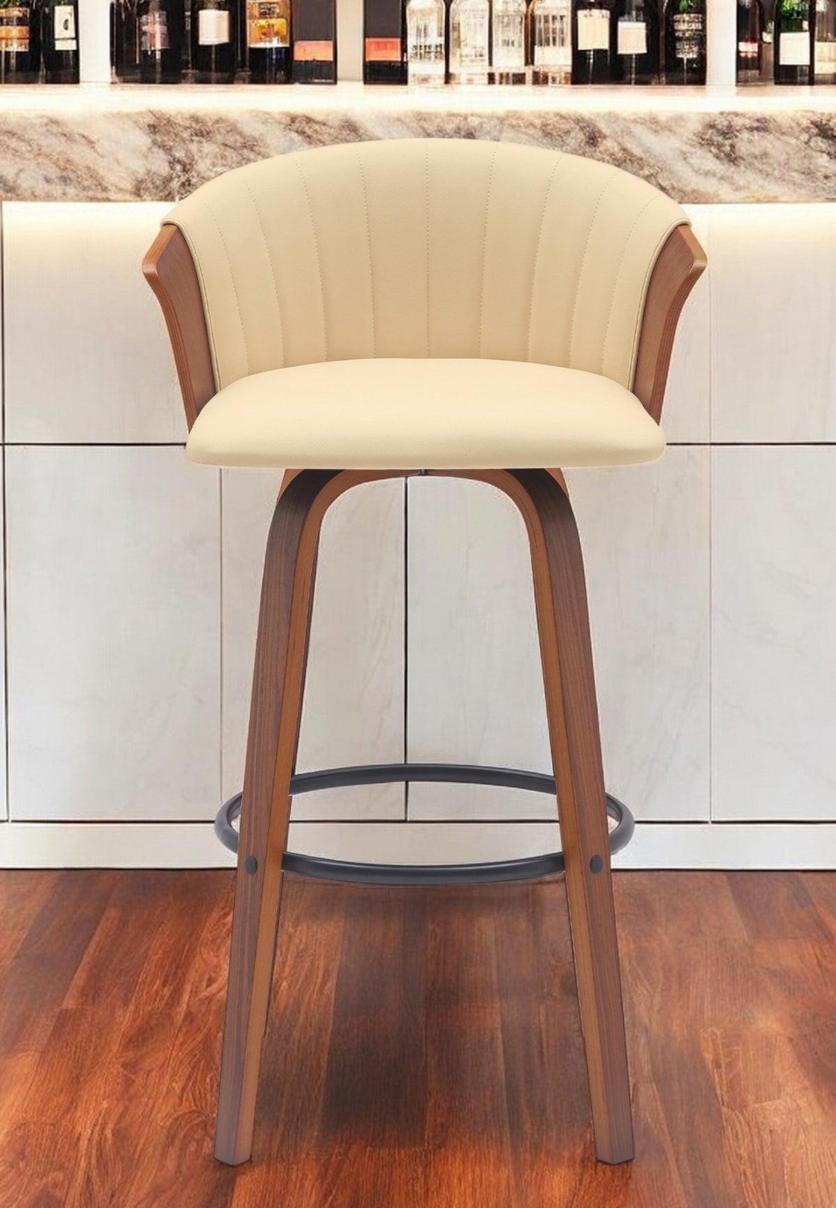 30'' Cream And Wood Brown Faux Leather Swivel Bar Height Bar Chair