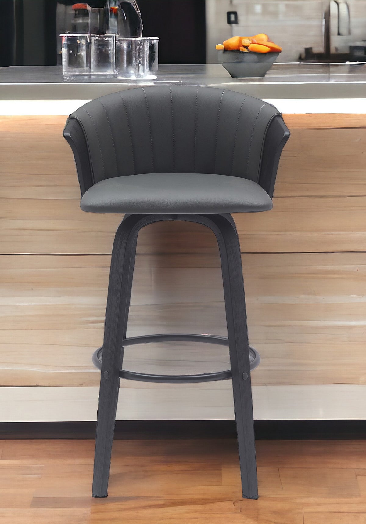 30'' Gray And Black Faux Leather Swivel Bar Height Bar Chair