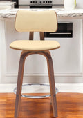26'' Cream And Wood Brown Faux Leather Swivel Low Back Counter Height Bar Chair