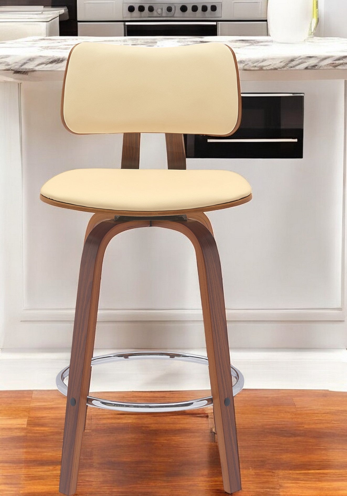 26'' Cream And Wood Brown Faux Leather Swivel Low Back Counter Height Bar Chair