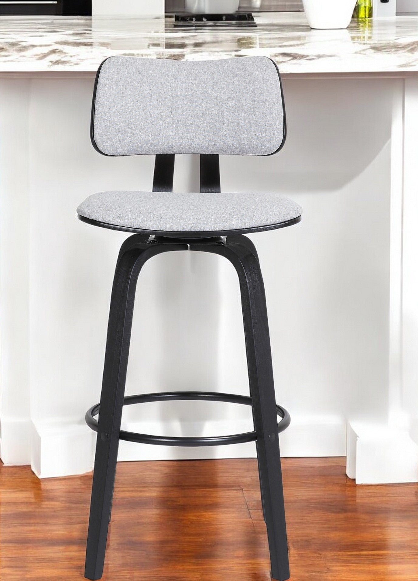 26'' Light Gray And Black Fabric Swivel Low Back Counter Height Bar Chair