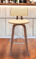 30'' Cream And Wood Brown Faux Leather Swivel Low Back Bar Height Bar Chair