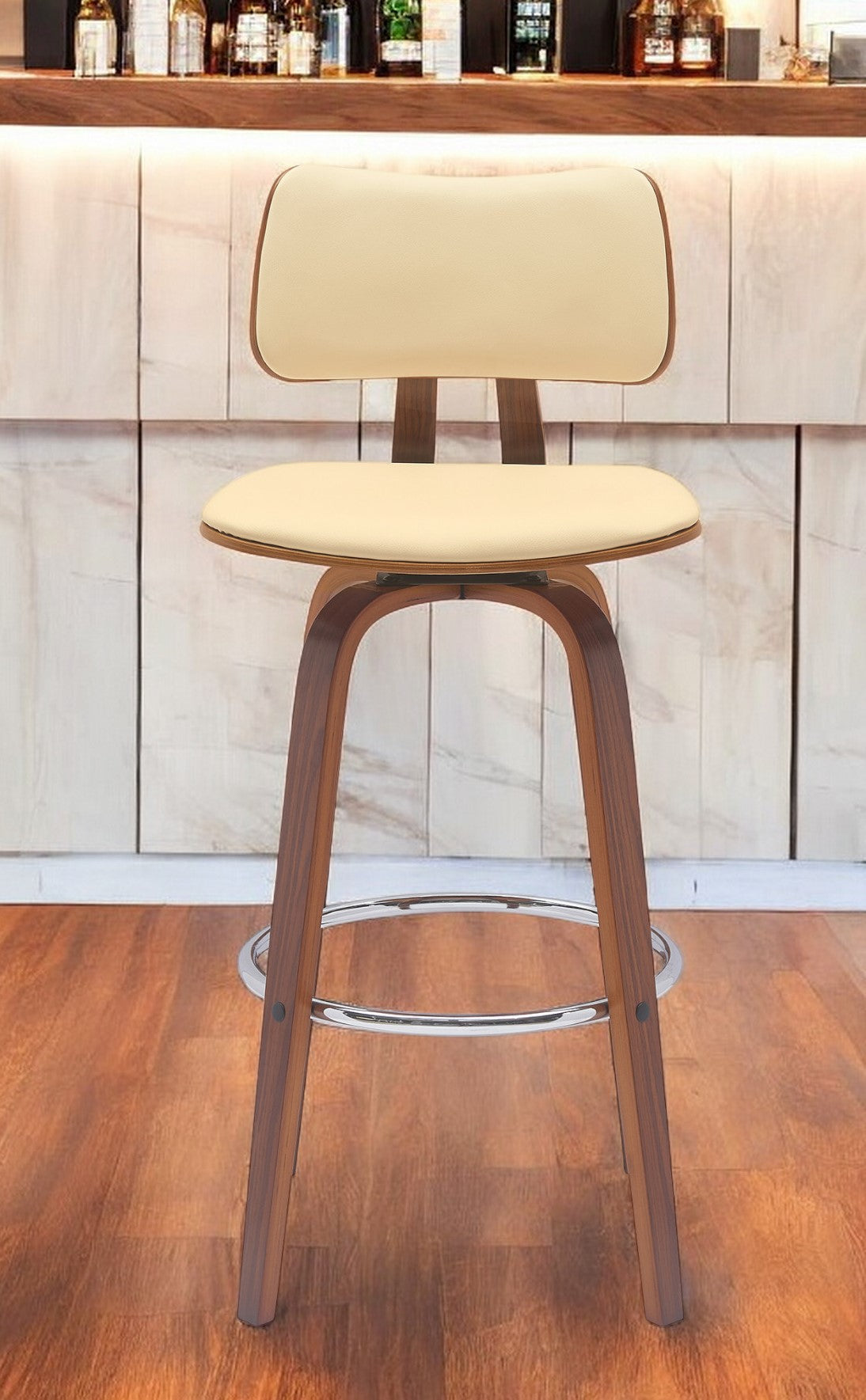 30'' Cream And Wood Brown Faux Leather Swivel Low Back Bar Height Bar Chair