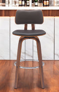 30'' Brown And Wood Brown Faux Leather Swivel Low Back Bar Height Bar Chair