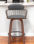 26'' Gray And Wood Brown Faux Leather Swivel Low Back Counter Height Bar Chair