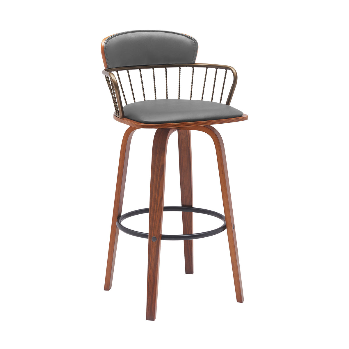 30'' Gray And Wood Brown Faux Leather Swivel Low Back Bar Height Bar Chair