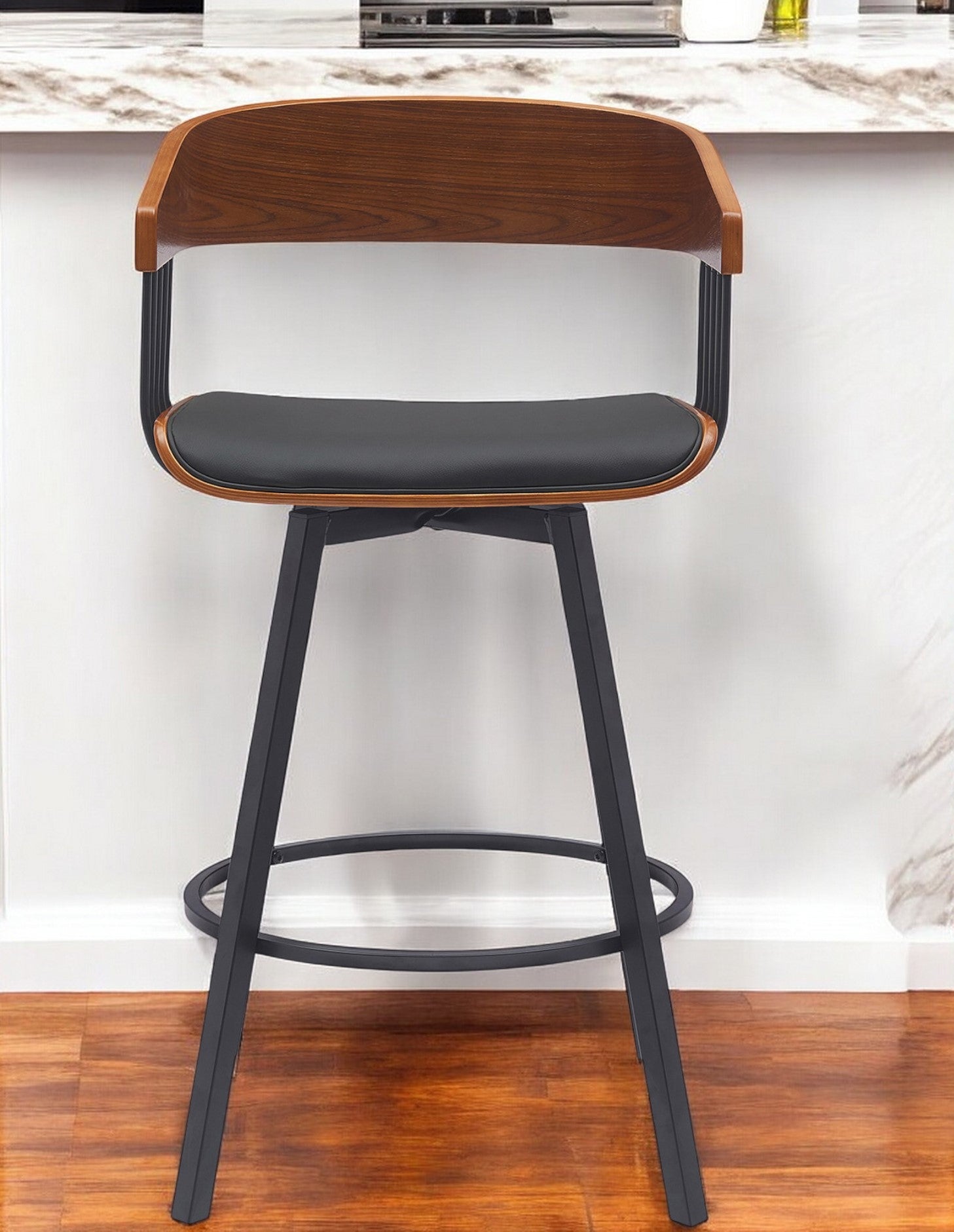 27'' Black Faux Leather And Metal Swivel Low Back Counter Height Bar Chair