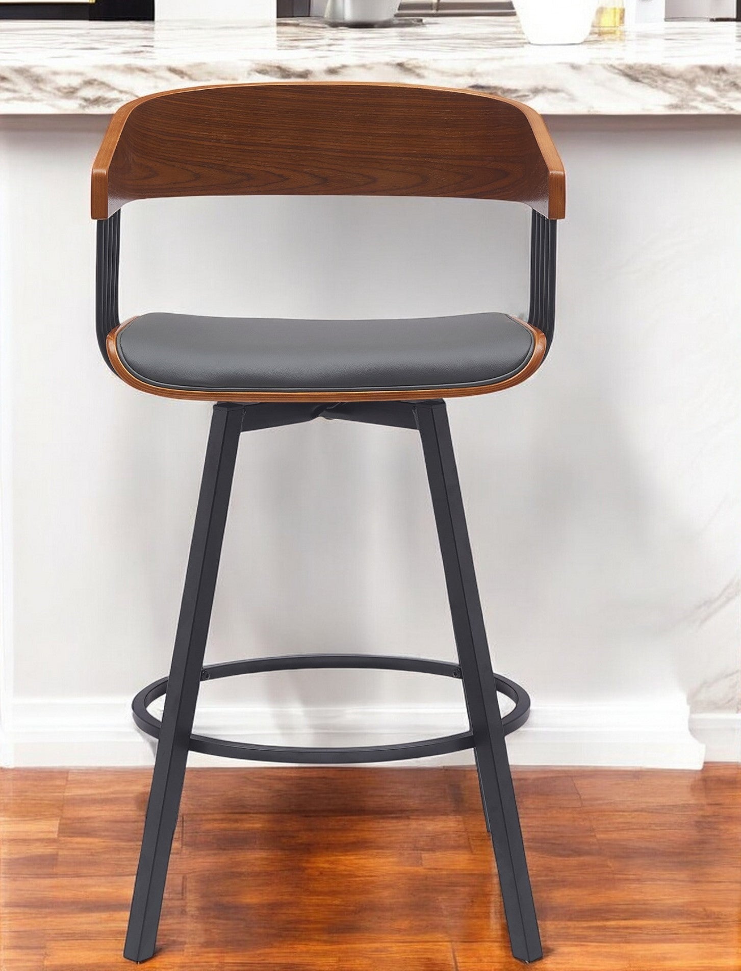 27'' Gray and Black Faux Leather with Metal Swivel Counter Height Bar Chair