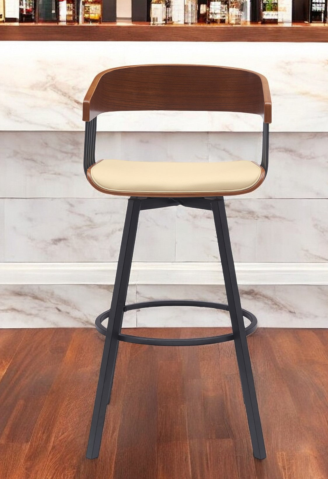 31'' Cream and Black Faux Leather with Metal Swivel Bar Height Bar Chair