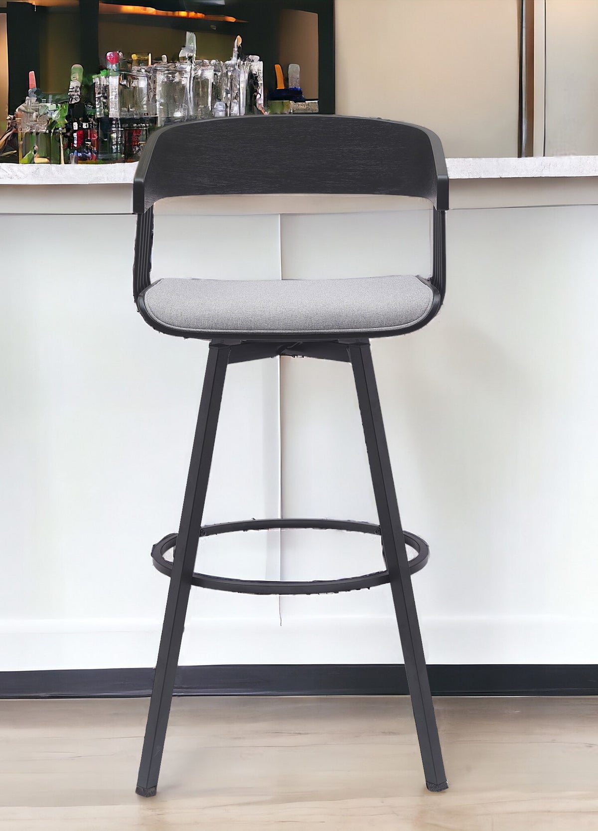 31'' Light Gray and Black Fabric with Metal Swivel Bar Height Bar Chair