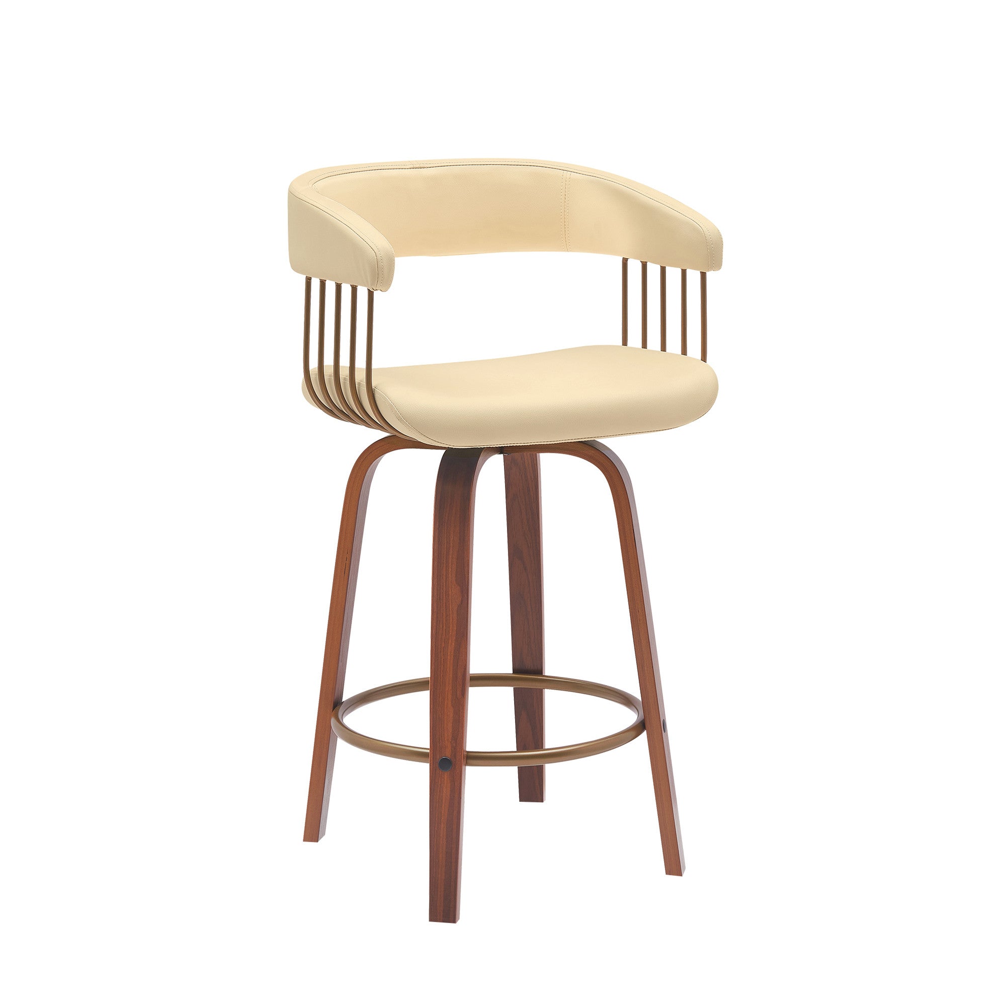 26'' Cream And Wood Brown Faux Leather Swivel Counter Height Bar Chair