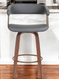 26'' Gray And Wood Brown Faux Leather Swivel Counter Height Bar Chair
