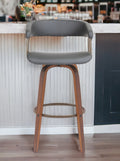 31'' Gray And Wood Brown Faux Leather Swivel Bar Height Bar Chair