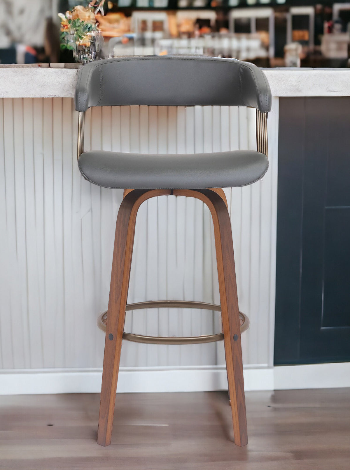 31'' Gray And Wood Brown Faux Leather Swivel Bar Height Bar Chair