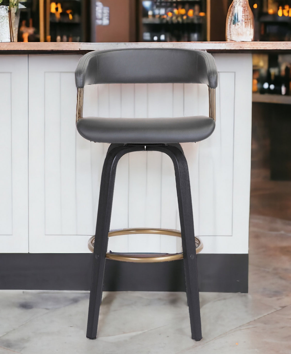 31'' Gray And Black Faux Leather Swivel Bar Height Bar Chair