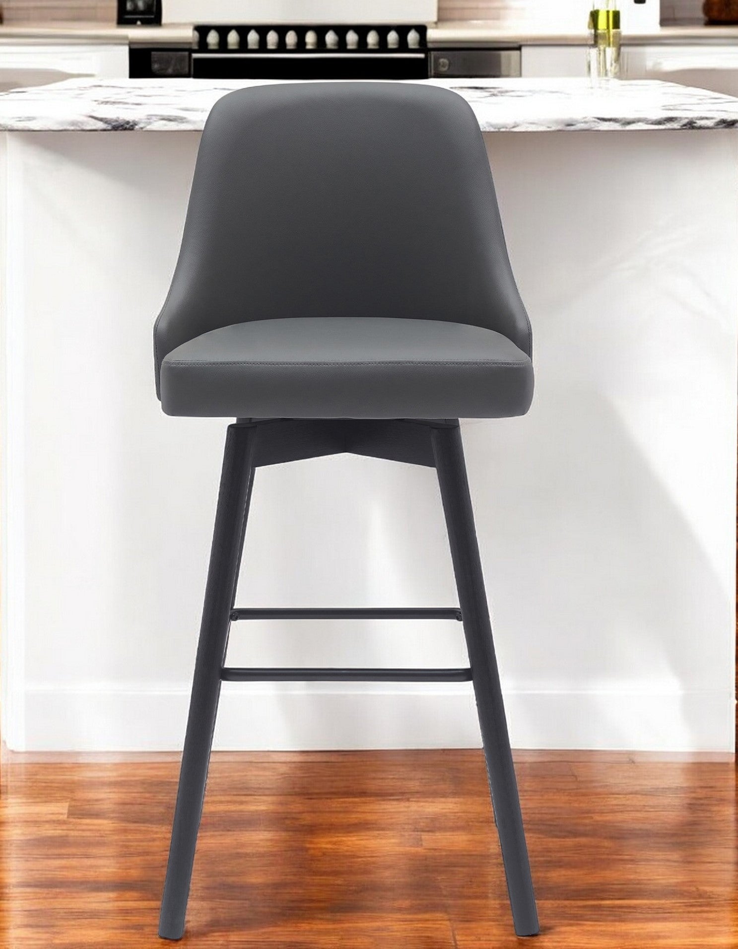 30'' Gray and Black Faux Leather with Solid Wood Swivel Bar Height Bar Chair