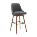 30'' Gray and Wood Brown Faux Leather with Solid Wood Swivel Bar Height Bar Chair