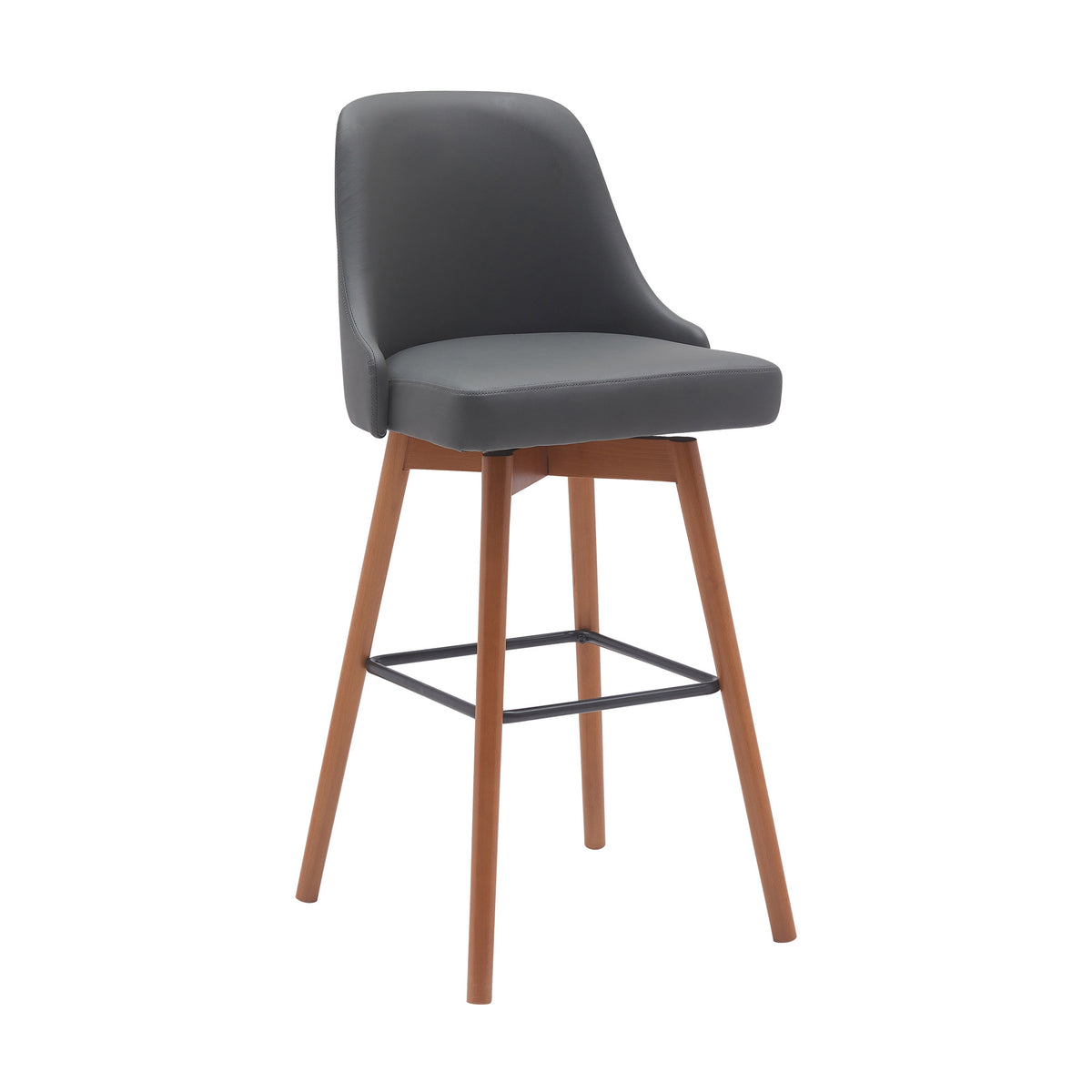 30'' Gray and Wood Brown Faux Leather with Solid Wood Swivel Bar Height Bar Chair