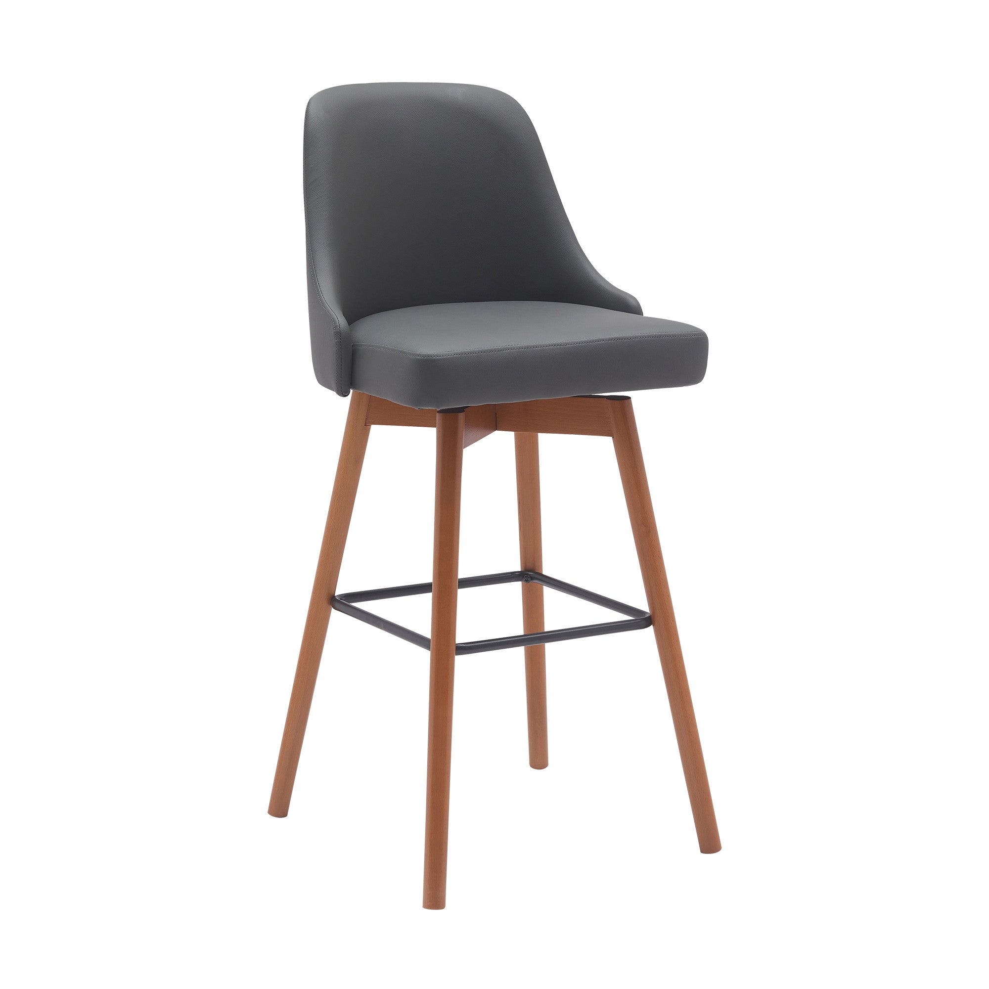 30'' Gray and Wood Brown Faux Leather with Solid Wood Swivel Bar Height Bar Chair