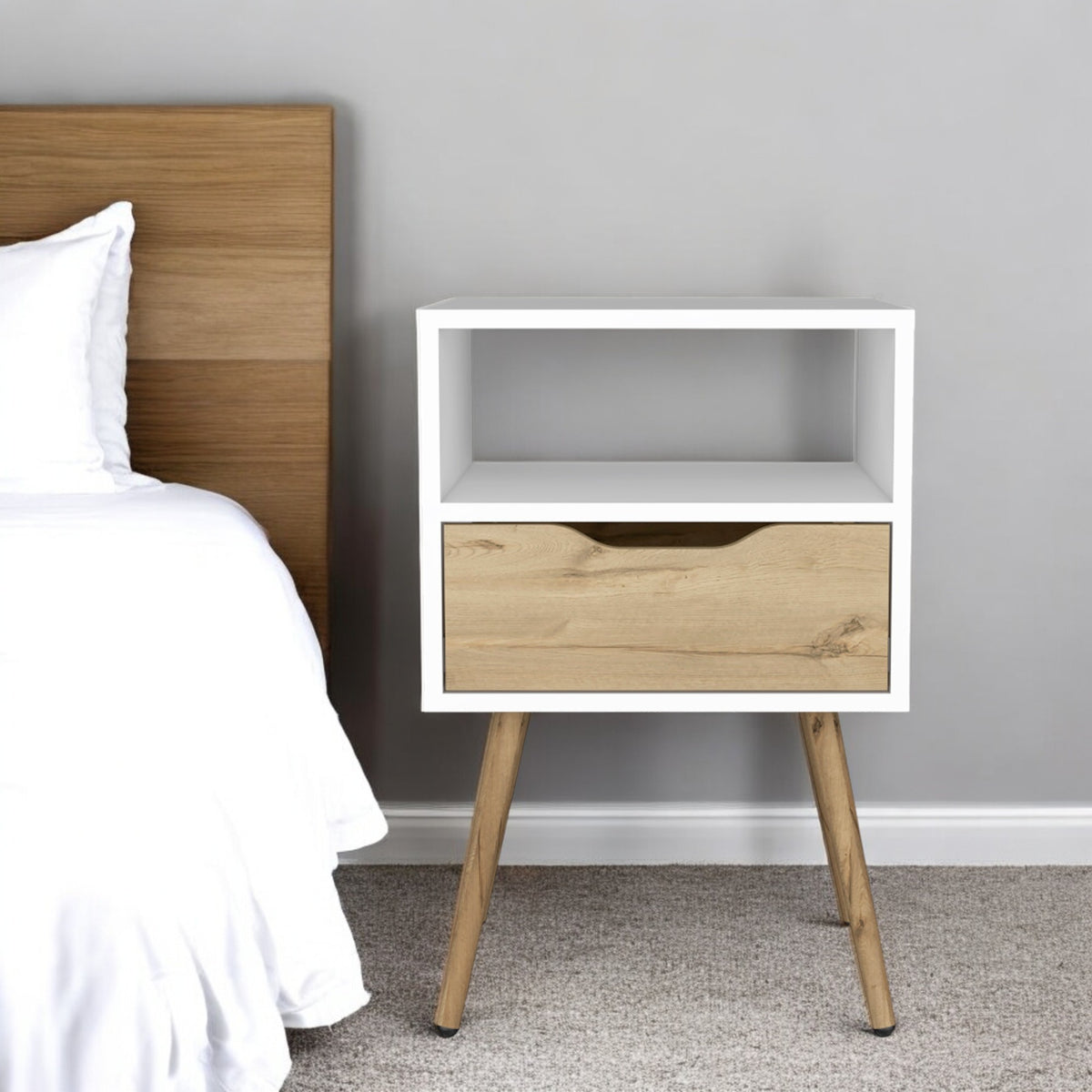 25'' White And Natural Wood One Drawer Nightstand