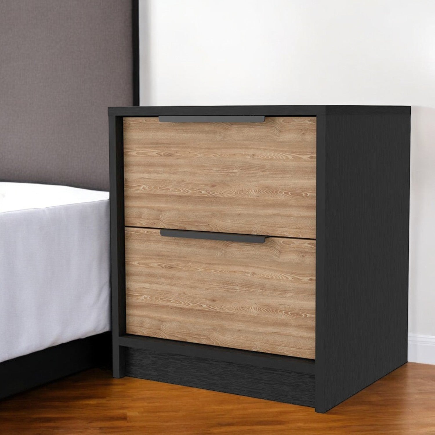 19'' Black And Natural Wood Two Drawer Nightstand