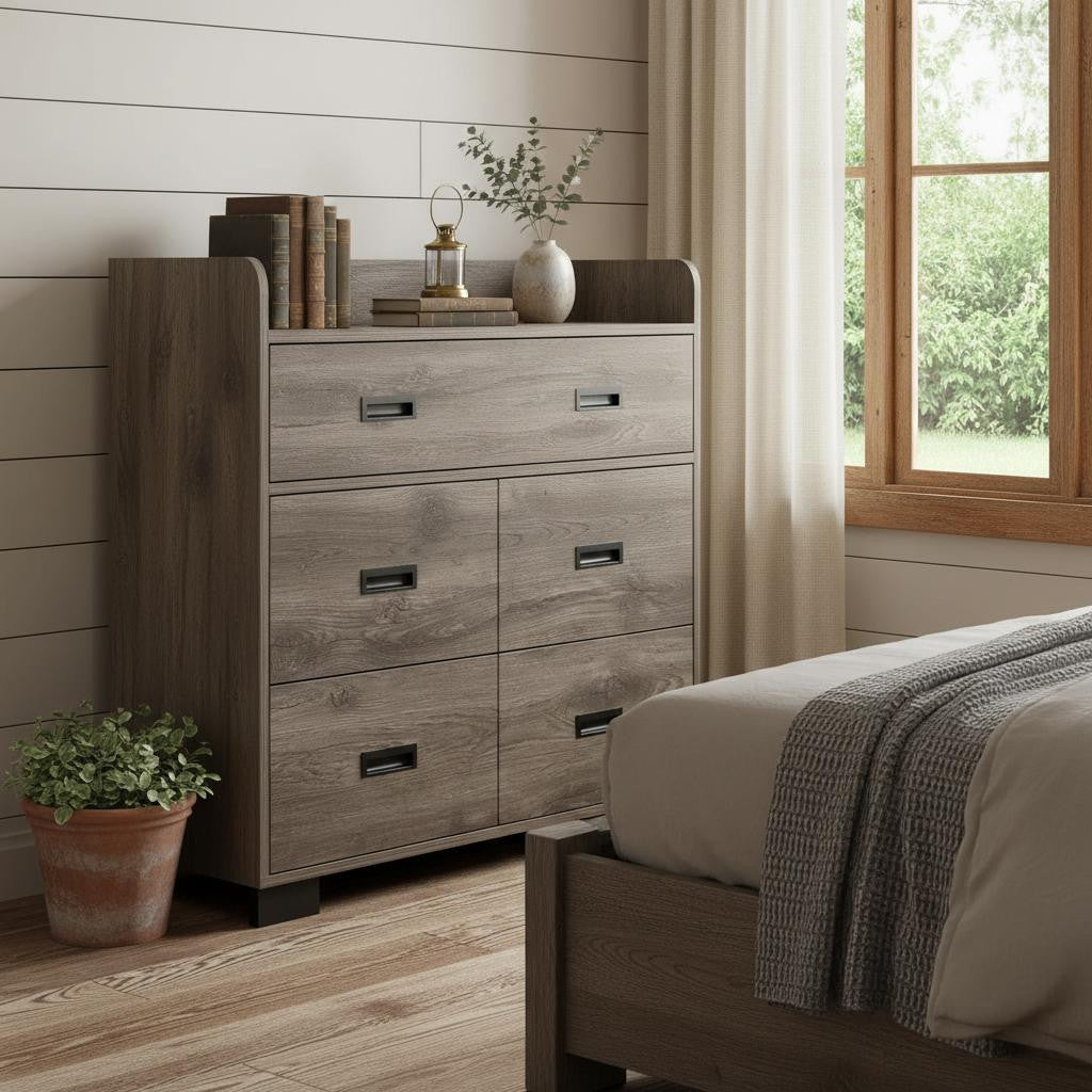 33 Dark Brown Wood Five Drawer Double Dresser