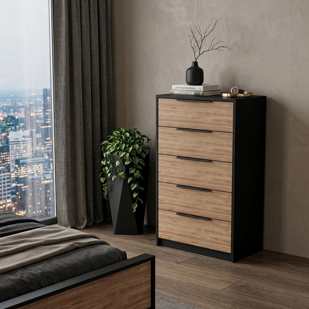 18 Inch Black And Light Brown Wood Five Drawer Dresser