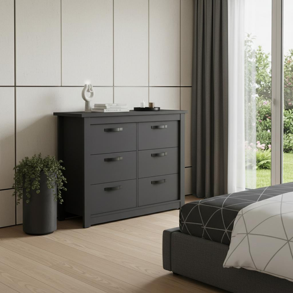 36 Black Wood Six Drawer Double Dresser