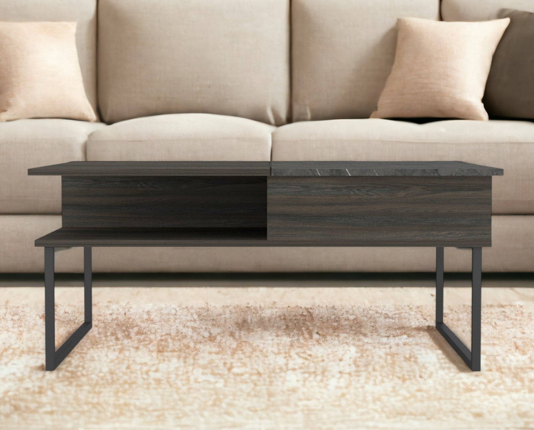 41'' Espresso And Black Wood And Metal Lift Top Coffee Table With Shelf