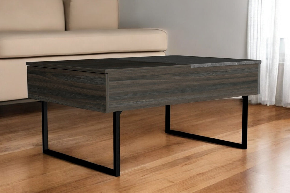 39'' Espresso And Black Wood And Metal Lift Top Coffee Table With Drawer