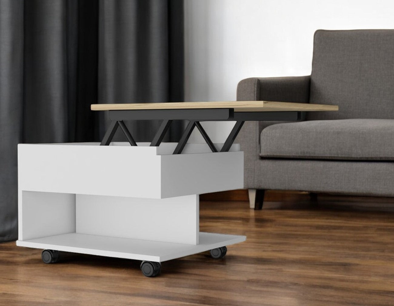 22'' Natural And White Wood Lift Top Coffee Table With Two Shelves