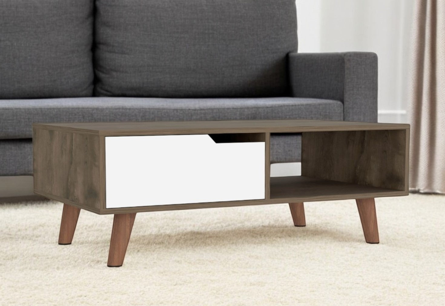 40'' Brown And Brown and White Wood Coffee Table With Drawer And Shelf