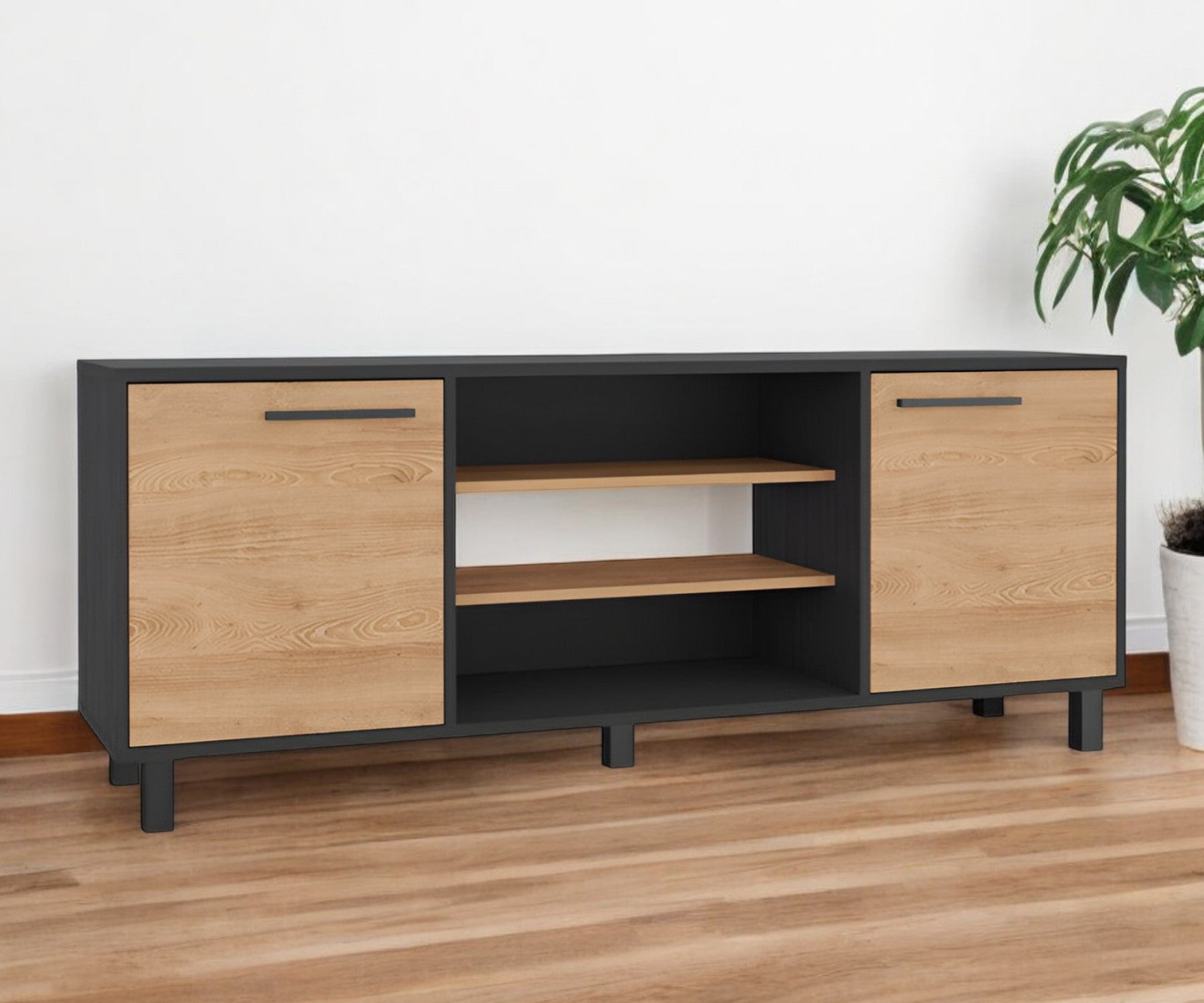 59'' Black And Natural Wood Enclosed and Open Storage TV Stand