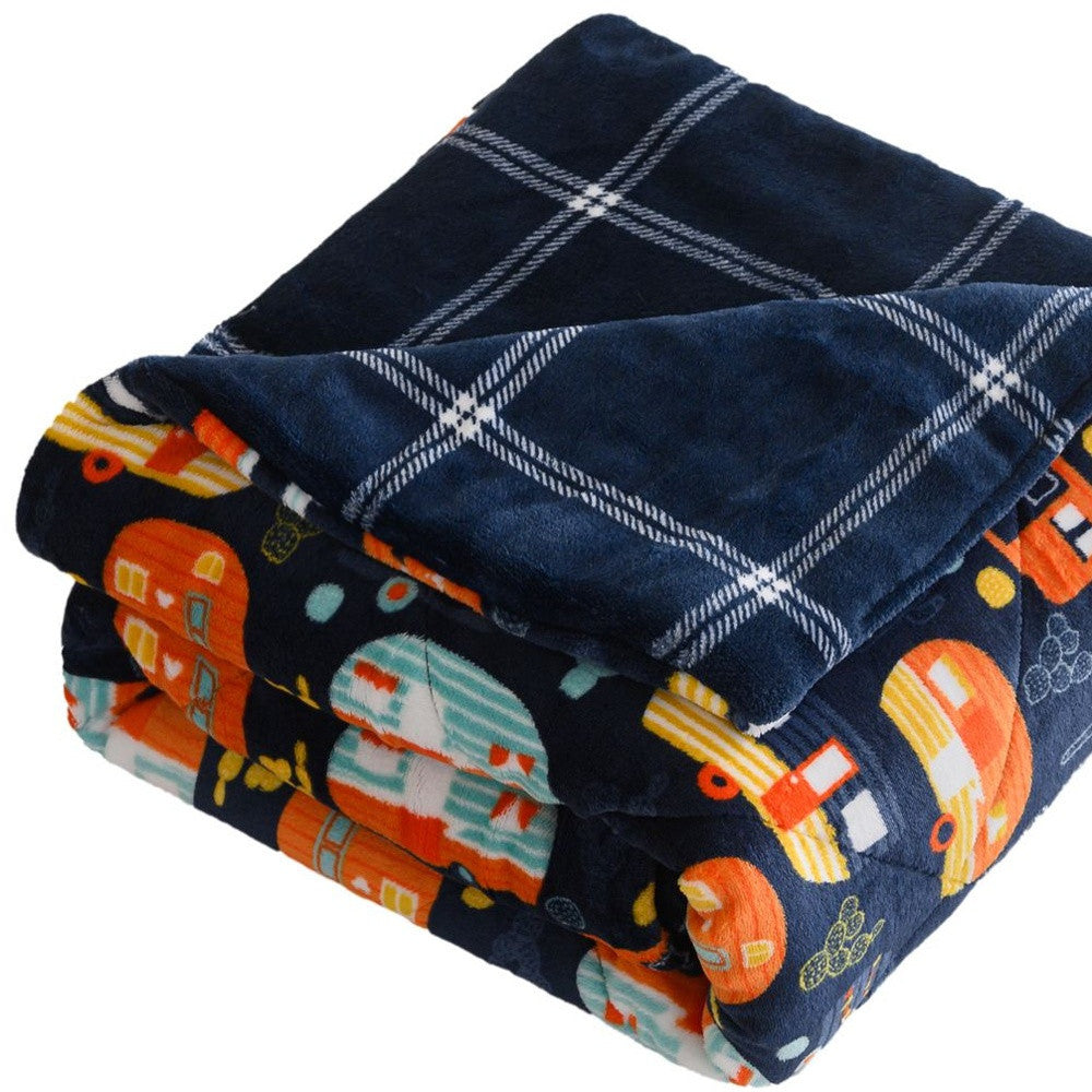 50'' X 60'' Blue Orange and Yellow Velvet Quilted Plush Throw Blanket